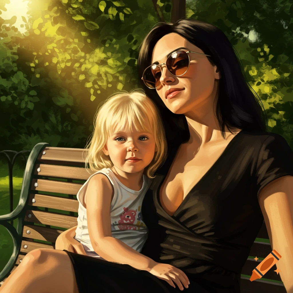 A mother with dark hair and sunglasses sits on a park bench with her blonde child, bathed in sunlight. Digital art style.