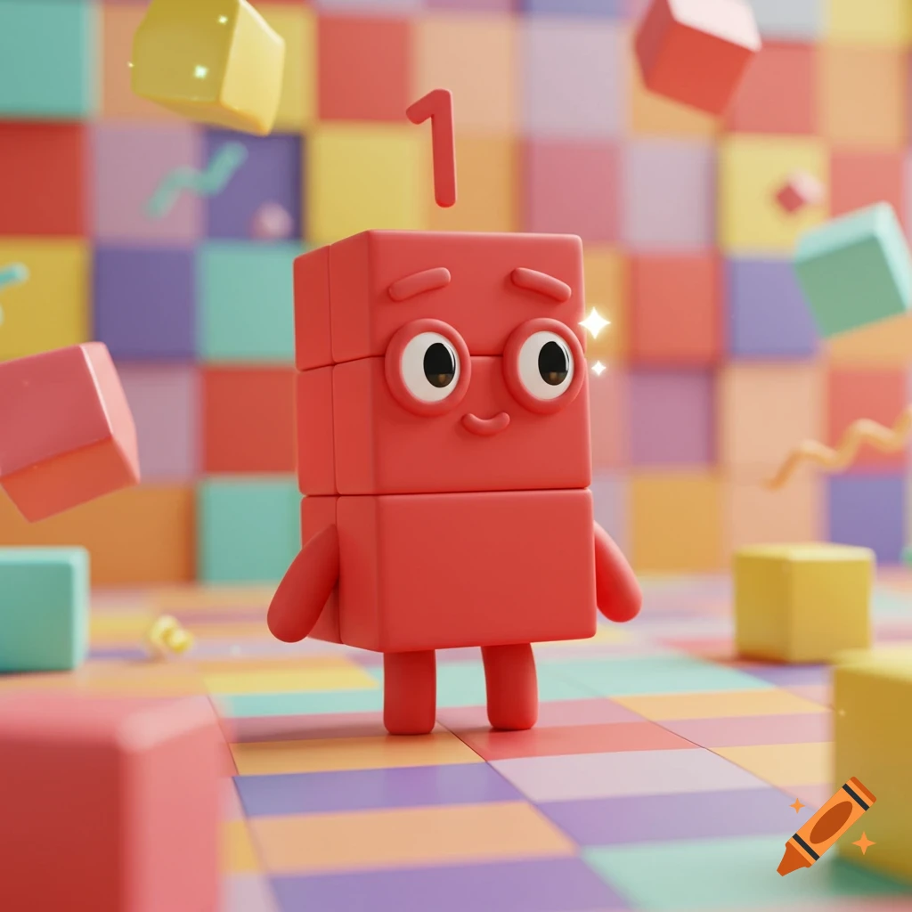 A smiling red block-shaped cartoon character with a number '1' floating above its head stands on a colorful checkered floor surrounded by blocks.