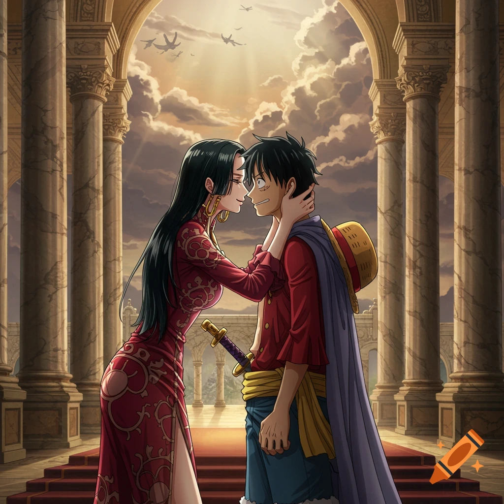 Anime characters Boa Hancock and Luffy in a grand palace, leaning in for a tender moment under a dramatic sky.