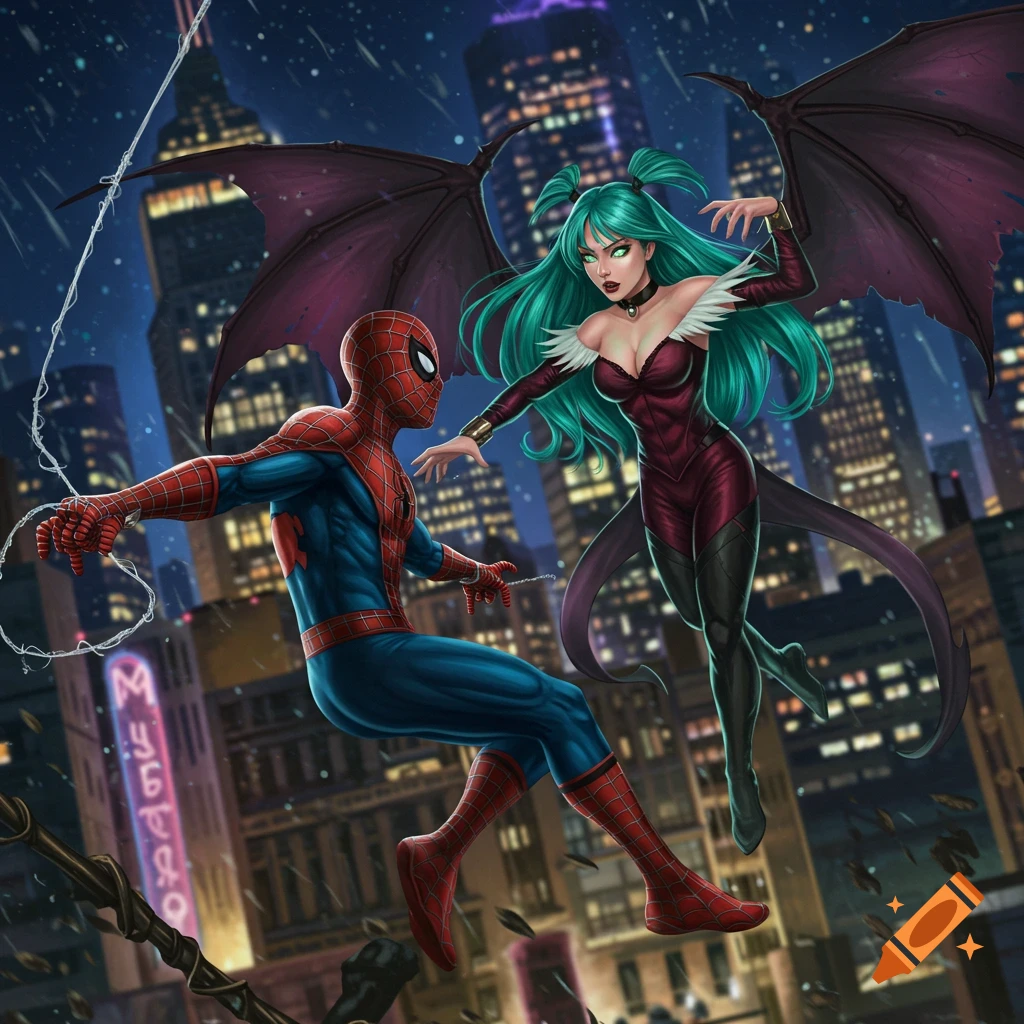 Spider-Man and Morrigan Aensland face off in a dramatic comic art illustration above a city at night.