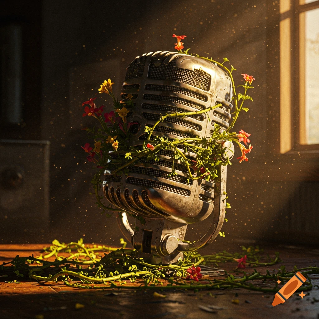 A vintage microphone overgrown with green vines and red and yellow flowers, on a wooden surface in a dimly lit room with light rays.