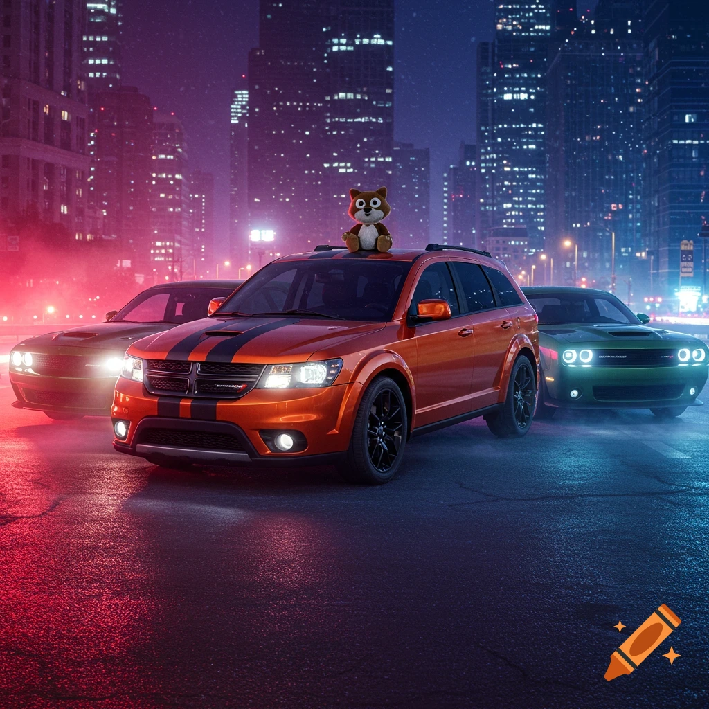 An orange Dodge Journey SUV with a furry plush toy on its roof, parked on a wet city street at night with red and blue neon lights. A red muscle car and a green muscle car are behind it, with city buildings in the background.