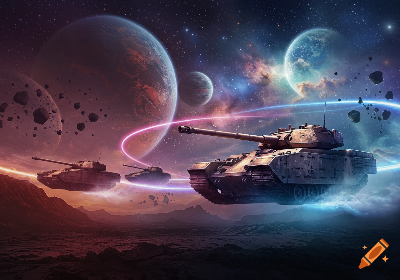 Futuristic tanks hover over a desolate planet surface under a vibrant space sky with planets and nebulae.