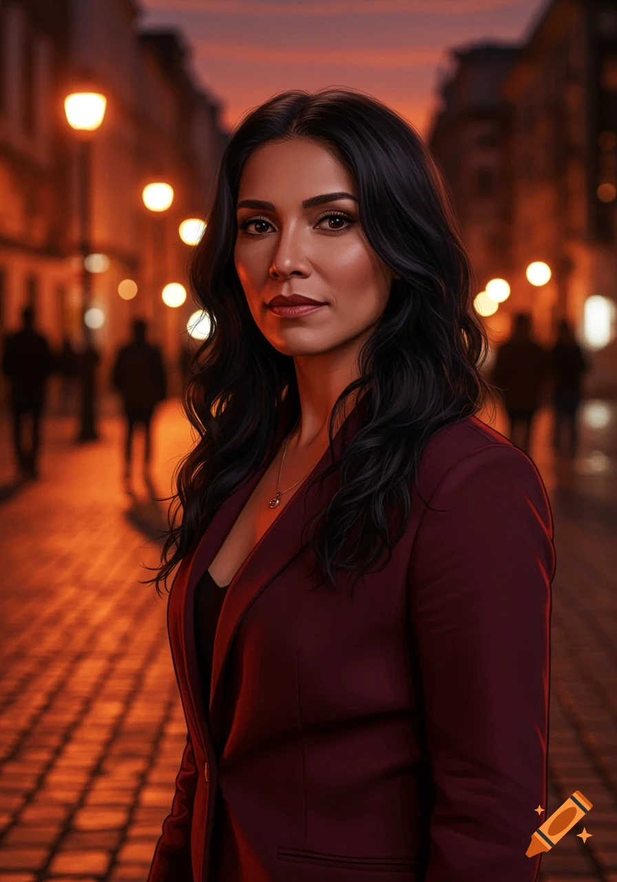 A photorealistic portrait of a dark-haired woman in a burgundy blazer on a city street at dusk, illuminated by warm streetlights.