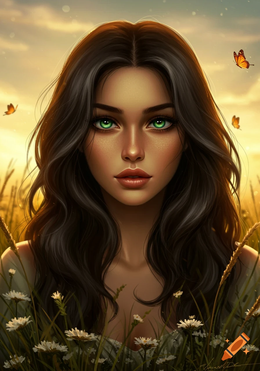 A beautiful woman with long dark hair and striking green eyes stands in a field of flowers and wheat at sunset.