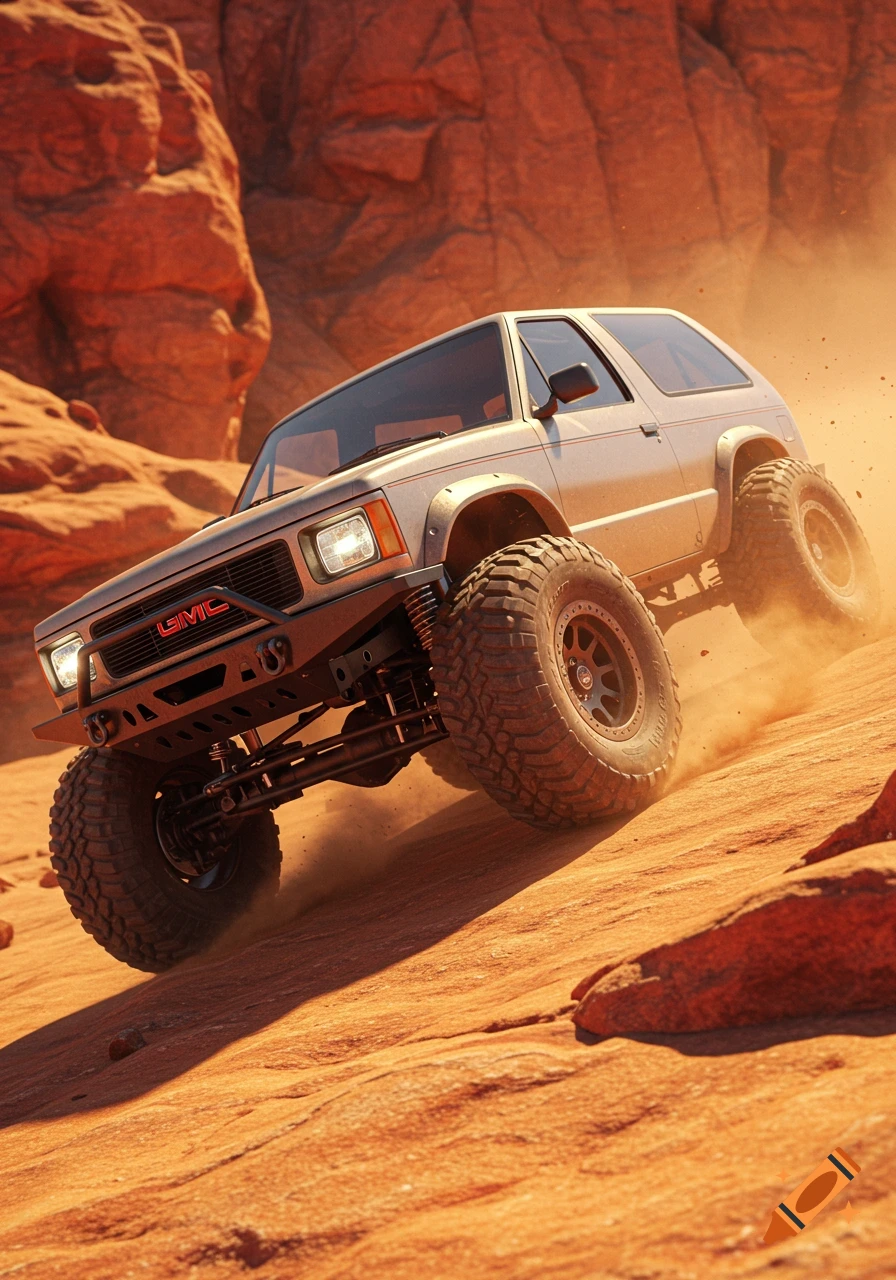 Photorealistic 1991 GMC Jimmy 4x4 rock crawler ascending a dusty, red rock desert hill.