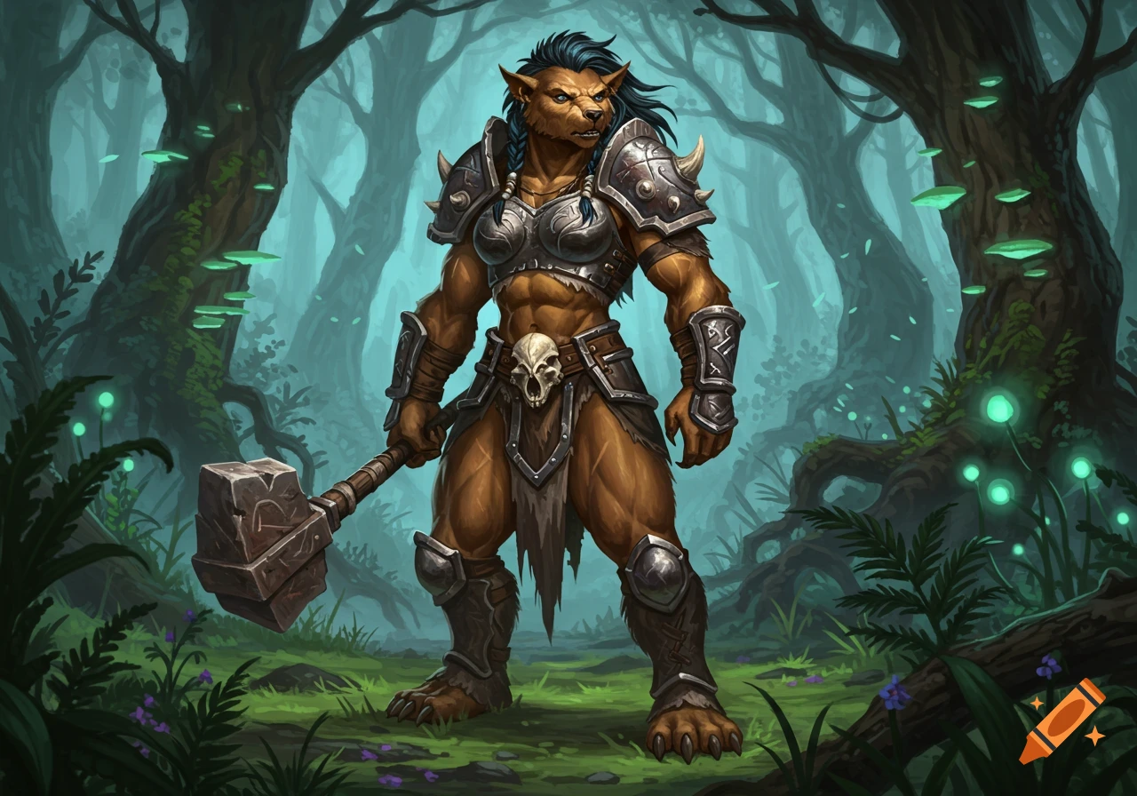 An armored female bugbear warrior with a hammer stands in a mystical forest with glowing fungi, in a fantasy illustration style.