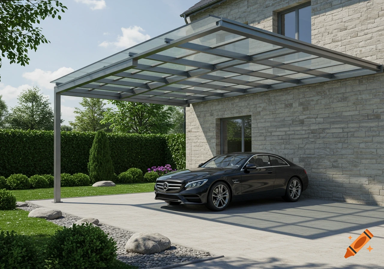 Photorealistic image of a black car parked under a modern glass carport next to a stone house with a lush garden.