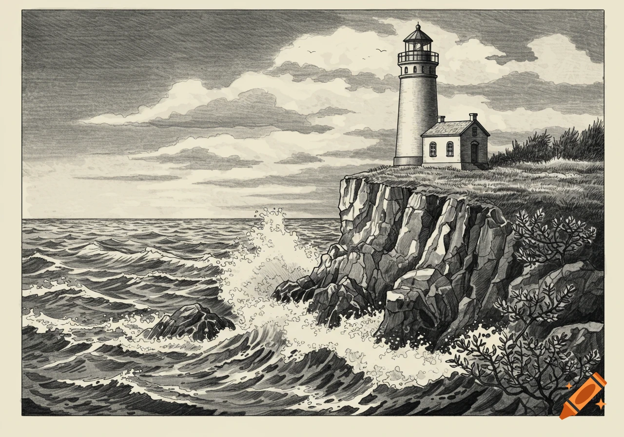 Black and white illustration of a lighthouse on a rocky cliff overlooking a stormy ocean with crashing waves.