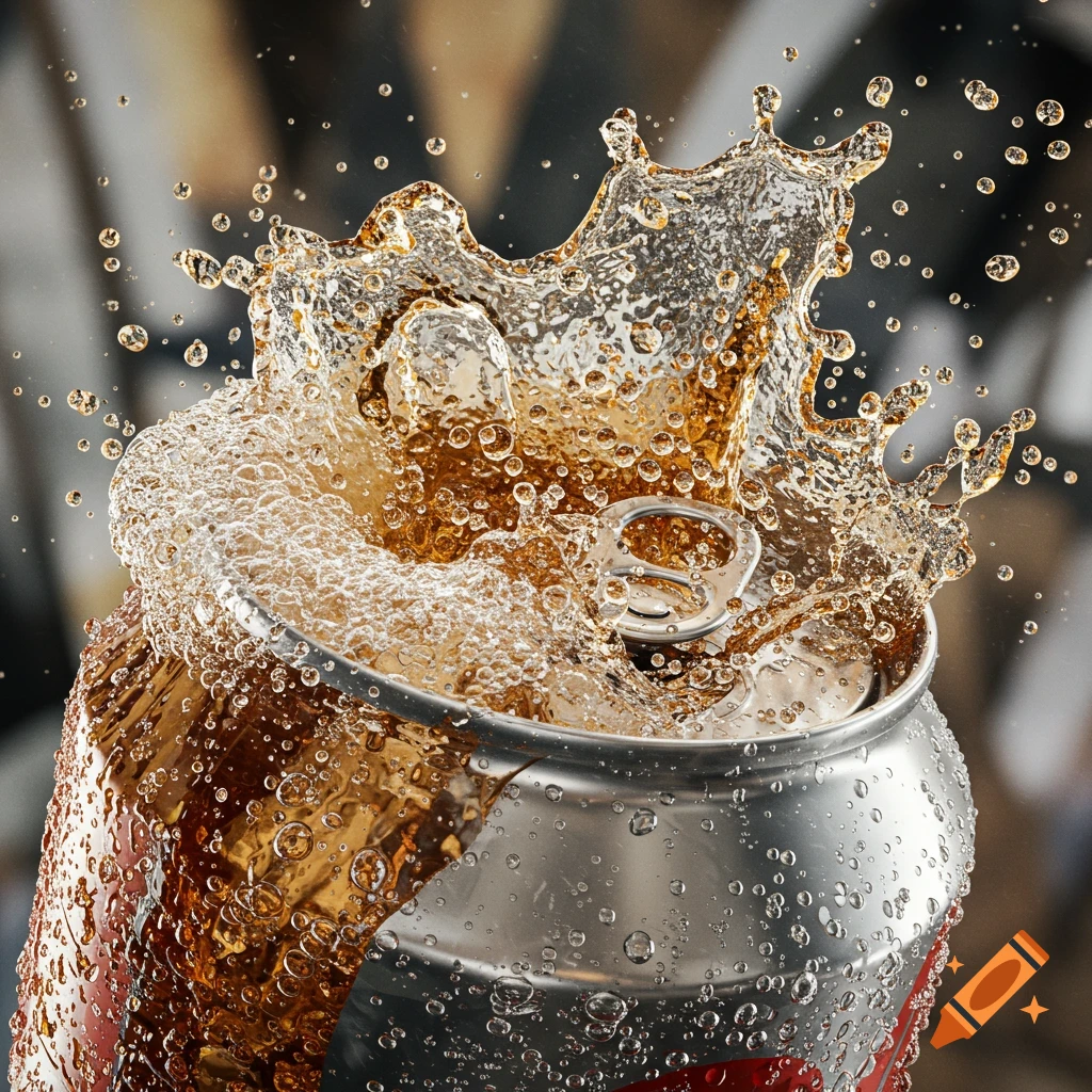 Close-up, photorealistic image of a silver soda can with brown fizzy liquid splashing out, covered in water droplets.