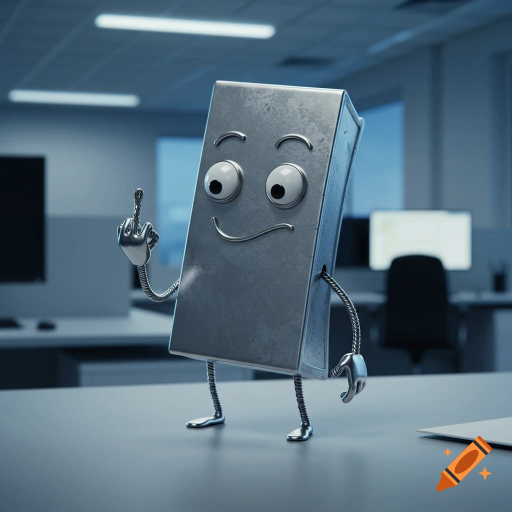 A stylized, metallic character resembling an office assistant stands in an office giving the middle finger.