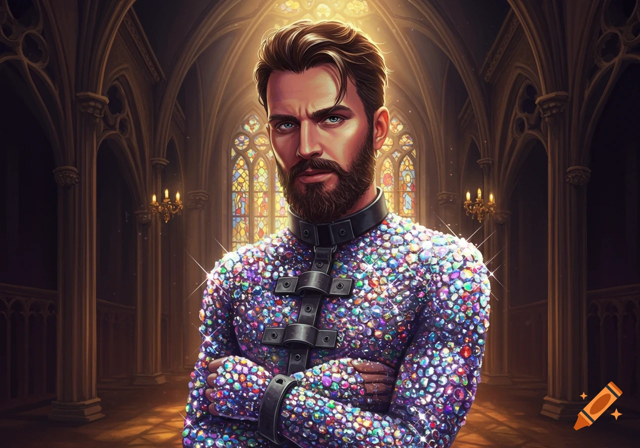A bearded man in a sparkling, jewel-covered straight jacket stands inside a gothic cathedral.