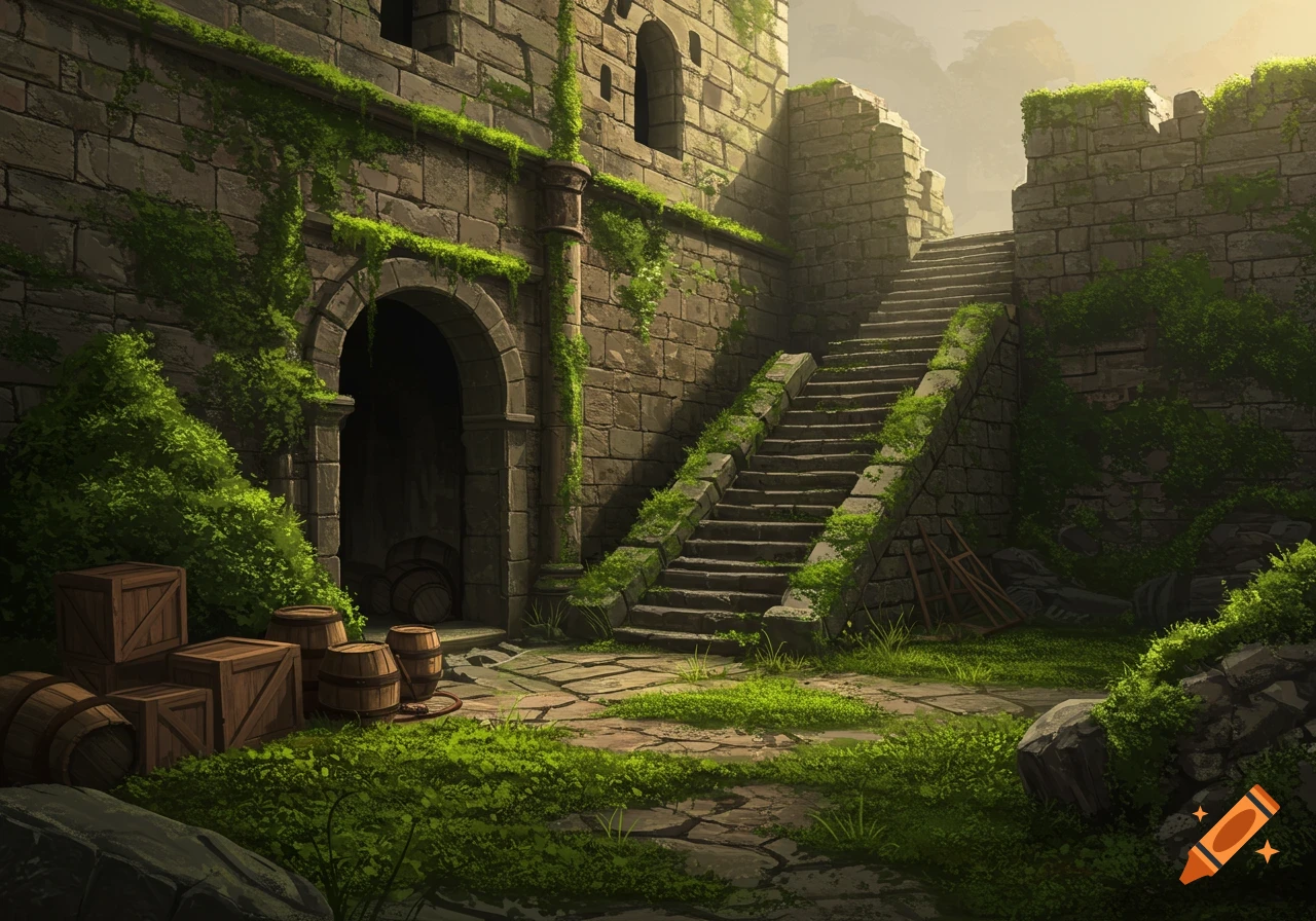 An overgrown stone fortress ruin with an arched entrance, large stairs, and scattered wooden crates and barrels, under a bright sky.