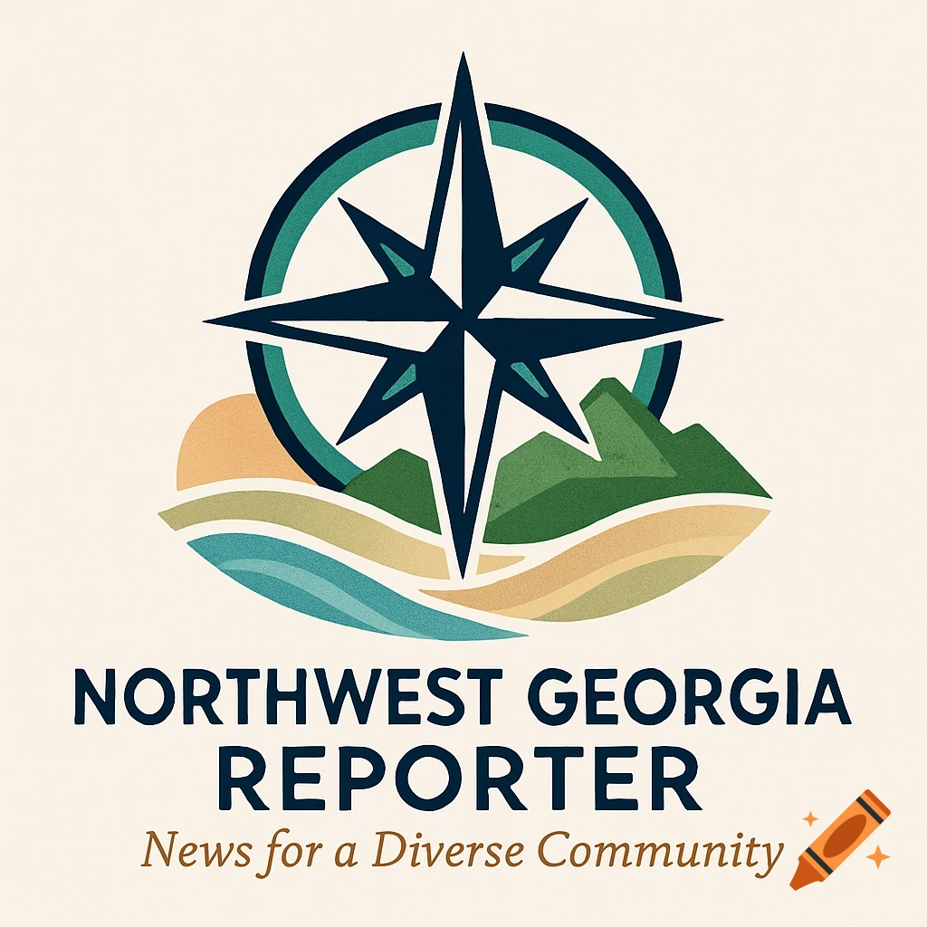 A logo with a dark blue compass rose over green mountains, an orange sun, and blue water, with the text "NORTHWEST GEORGIA REPORTER News for a Diverse Community."
