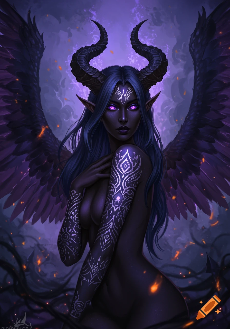 A dark fantasy digital painting of a female demon with horns, purple eyes, and large feathered wings against a mystical background.