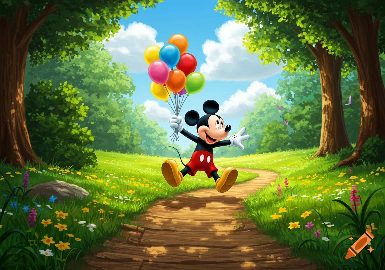 Mickey Mouse jumps cheerfully on a forest trail, holding a colorful bunch of balloons.