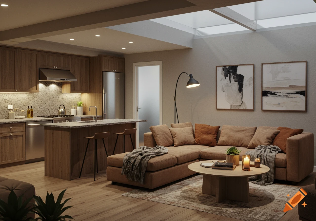 Photorealistic image of a modern open-concept living space with a kitchen and a living room area.
