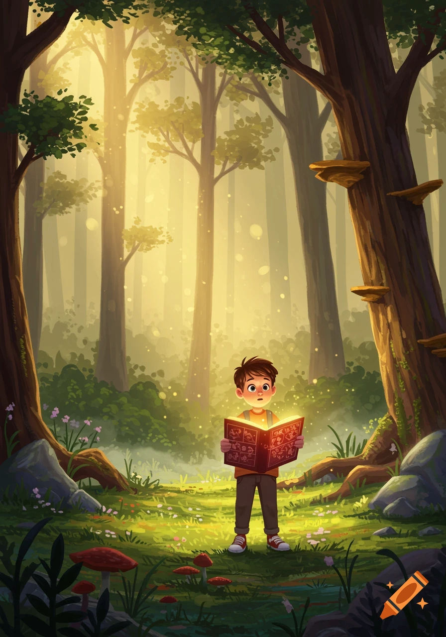 A cartoon boy stands in a glowing forest, engrossed in a magic book.