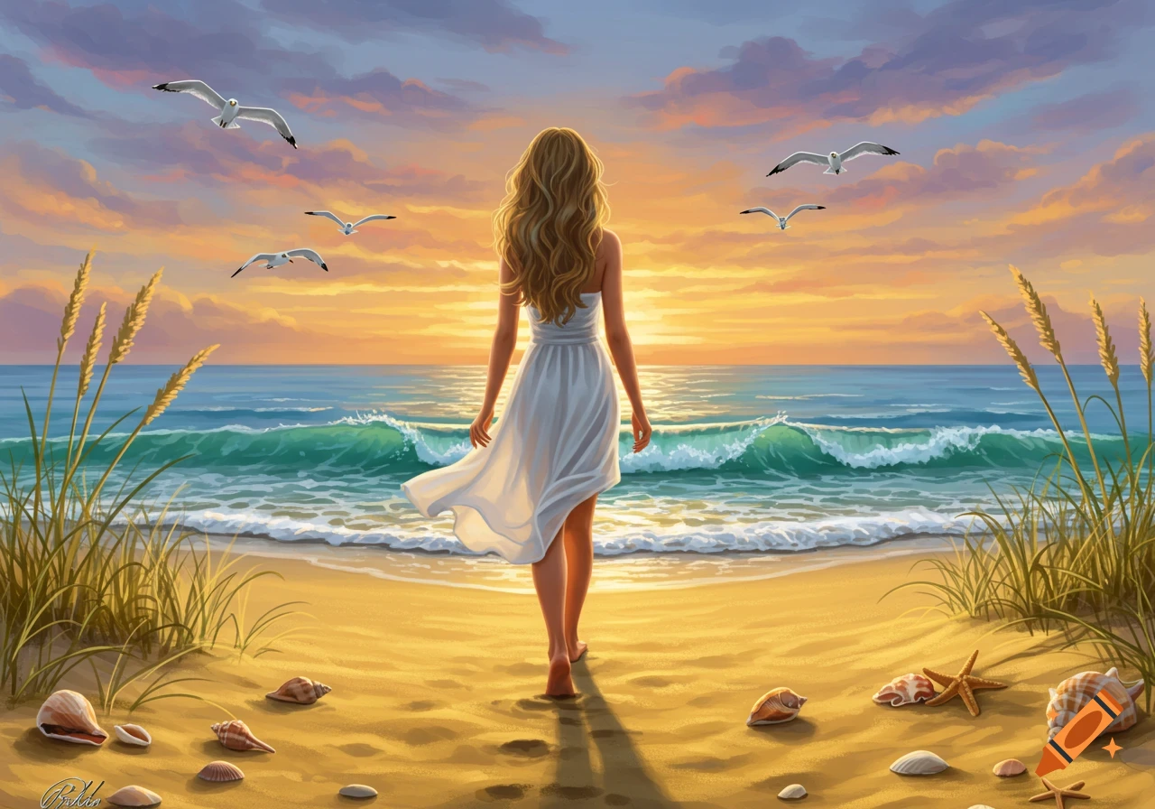 A woman in a white dress walks on a sandy beach towards the ocean at sunset, with seagulls flying above.