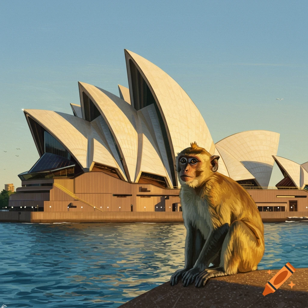 A monkey sits on a wall in front of the Sydney Opera House with water in the foreground, in a digital painting style.