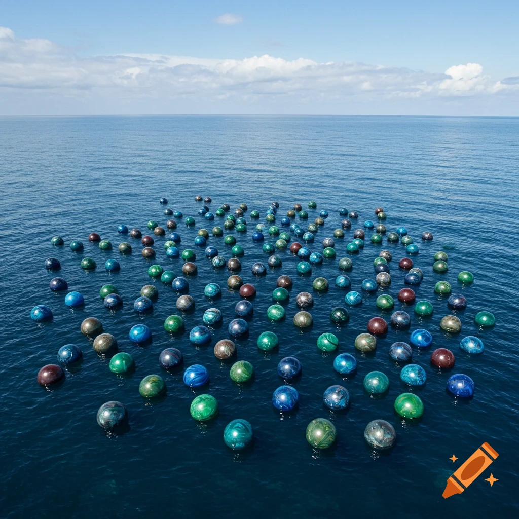 Many colorful, marbled spheres resembling bowling balls float on the deep blue ocean under a clear sky.
