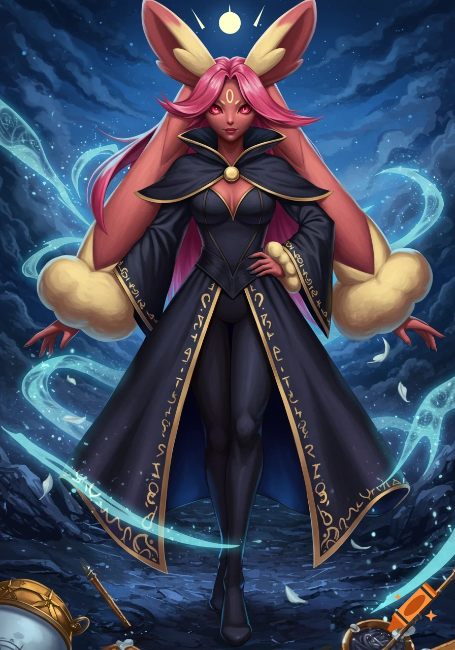 A humanized Lopunny character with pink hair and red eyes, wearing a black mage robe with gold trim, standing against a starry night.