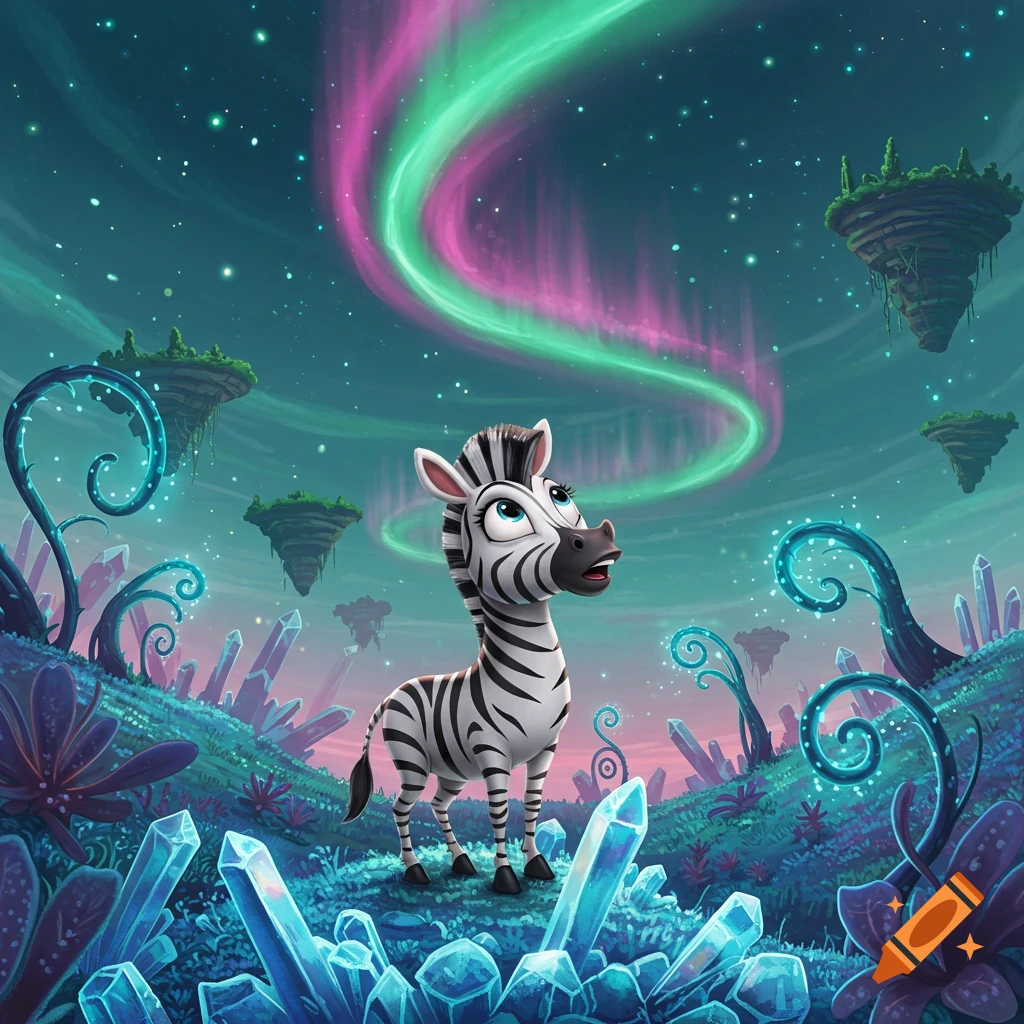 A cute cartoon zebra looks up at a pink and green aurora in a fantastical world with floating islands and glowing blue crystals.