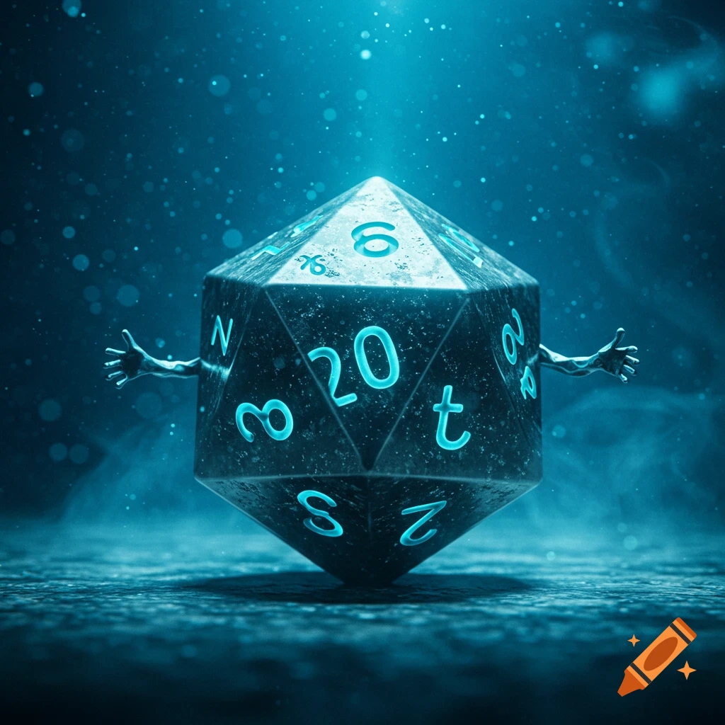 A dark, glowing 20-sided die with outstretched arms stands on a misty surface in a dark blue, atmospheric setting.