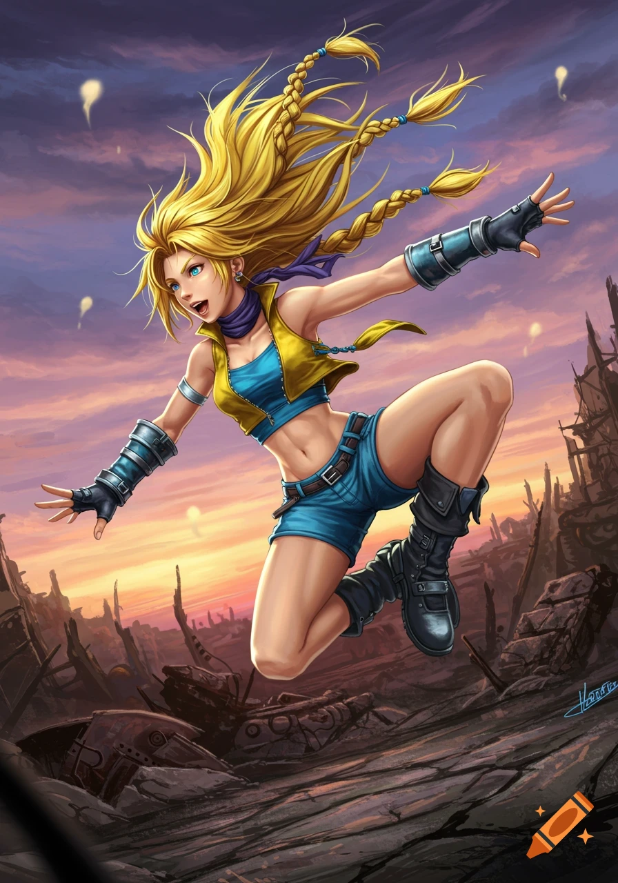 An anime-style illustration of a blonde female character in a blue top and shorts, leaping over a desolate landscape at sunset.