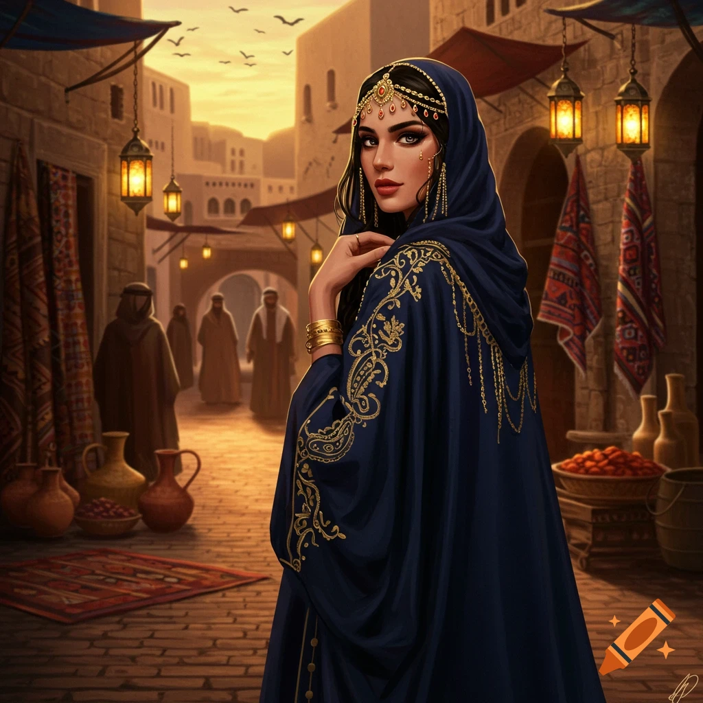 An Arab woman in a dark blue, gold-embroidered abaya with a head covering, stands in a bustling market street at sunset, looking over her shoulder.