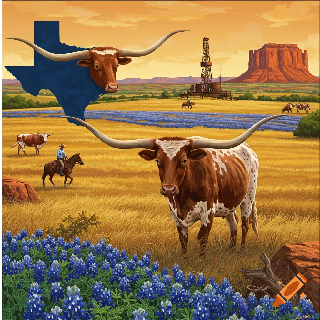 Longhorn cattle in a Texas landscape with bluebonnets, an oil rig, and a cowboy, in a painted style.