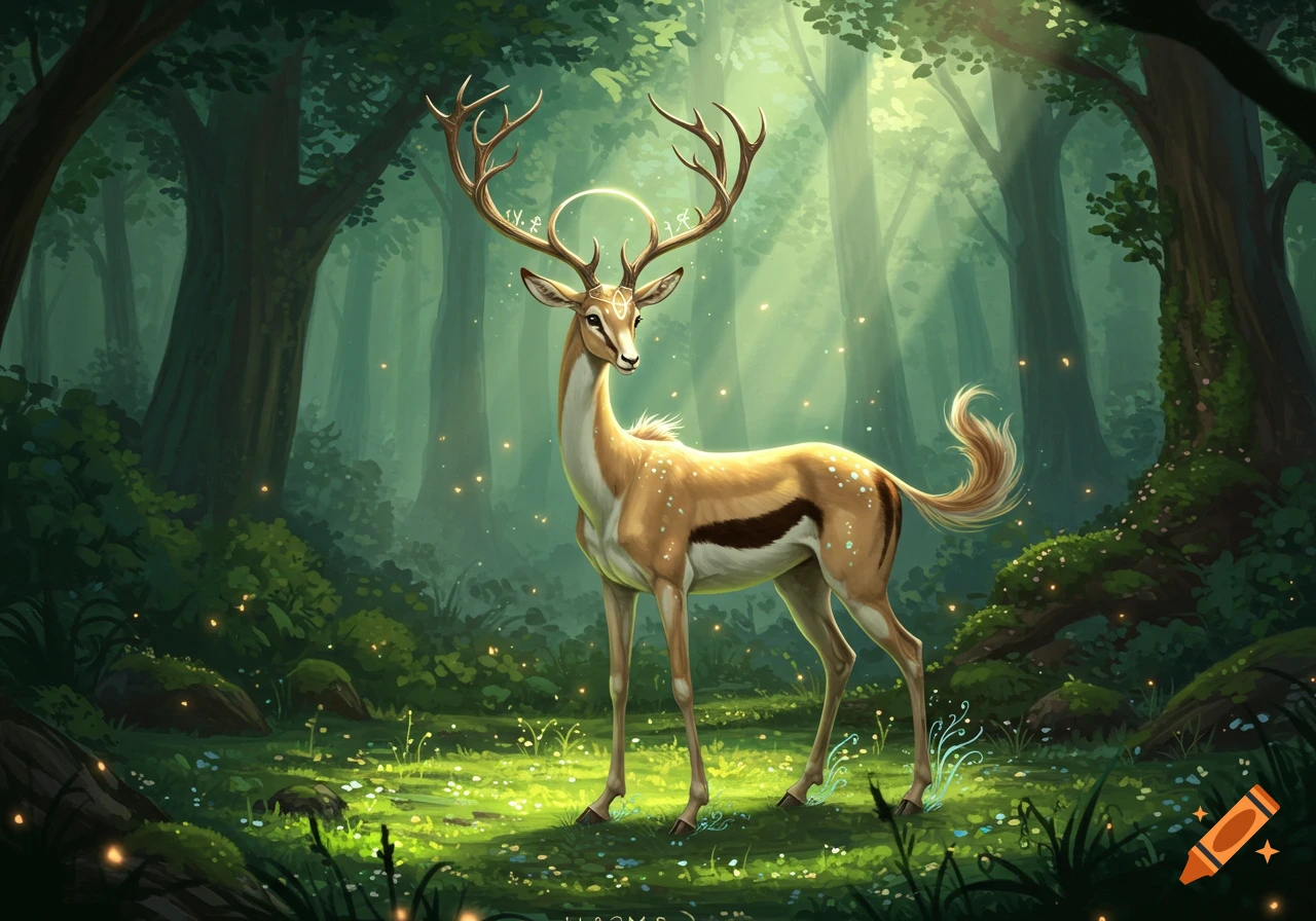 A majestic golden deer with large antlers and a glowing halo stands in a mystical, sun-dappled forest clearing with glowing fireflies.
