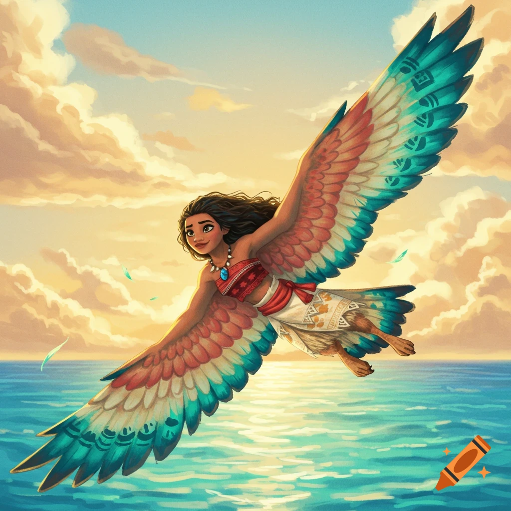A cartoon Moana character with large, colorful hawk wings flies over a vibrant blue ocean under a cloudy sky.