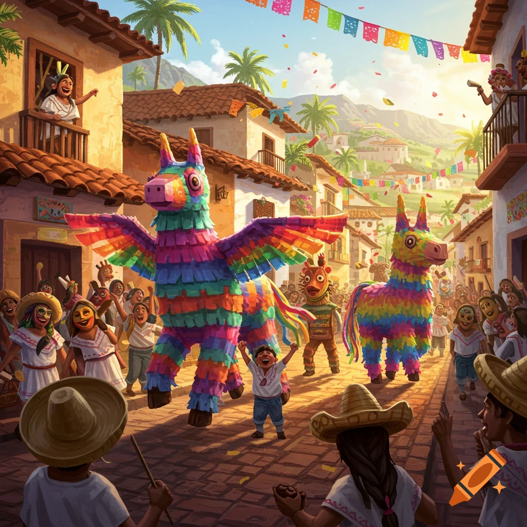 A vibrant street parade features large, colorful pi 032ata creatures, people in festive attire, and confetti, set in a sunny village street.