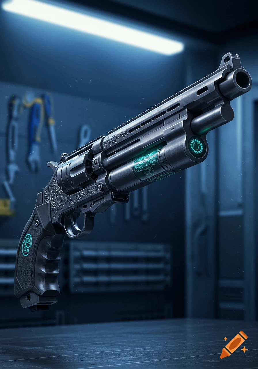 A futuristic battle rifle designed like a revolver, with glowing blue-green accents, in a dimly lit, metallic workshop.
