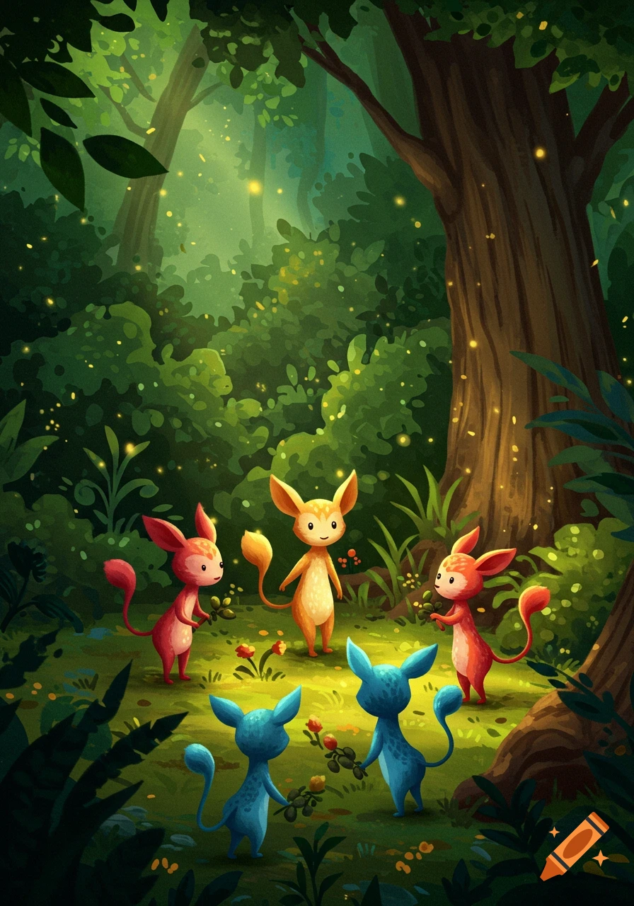 Cute, cartoonish creatures, some holding flowers, in an enchanted forest clearing with glowing lights. Illustrated style.
