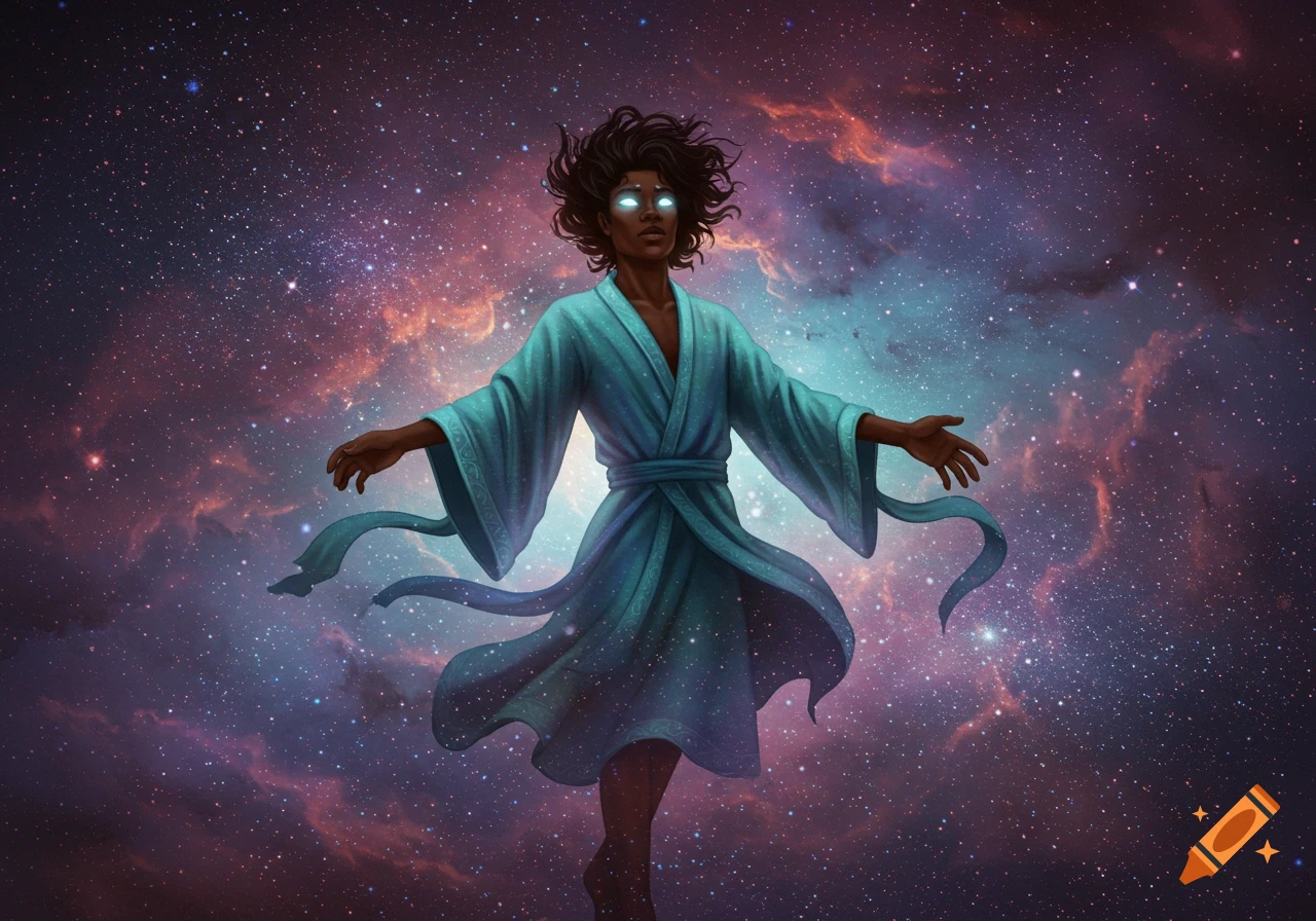 A dark-skinned young man with glowing eyes and wild black hair in blue-green robes floats among cosmic clouds and stars in a digital painting.