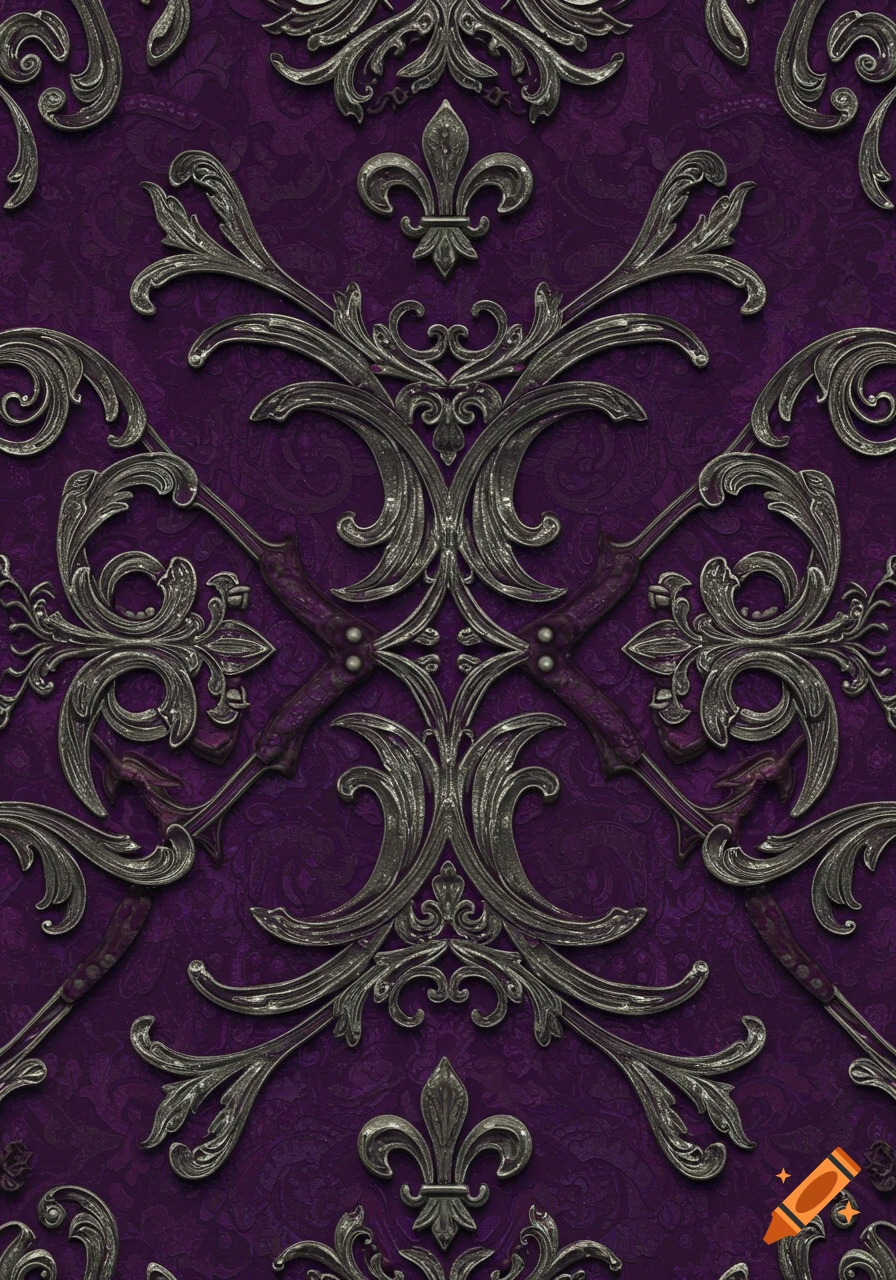 A seamless regal pattern in shades of deep purple and ornate silver. The design features metallic filigree and fleur-de-lis motifs.