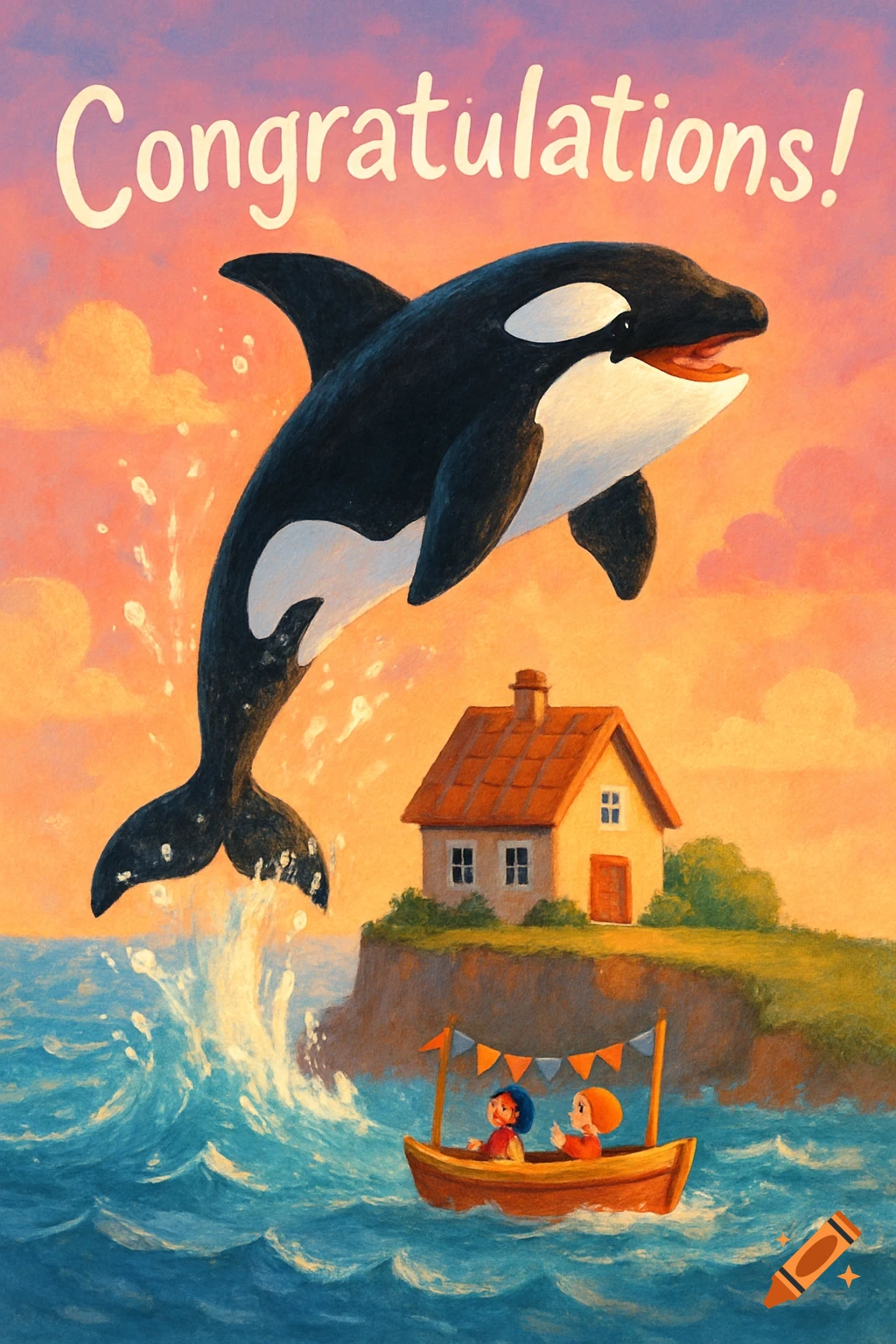 Watercolor illustration of an orca jumping over a house on a cliff, with kids in a boat and 'Congratulations!' text.