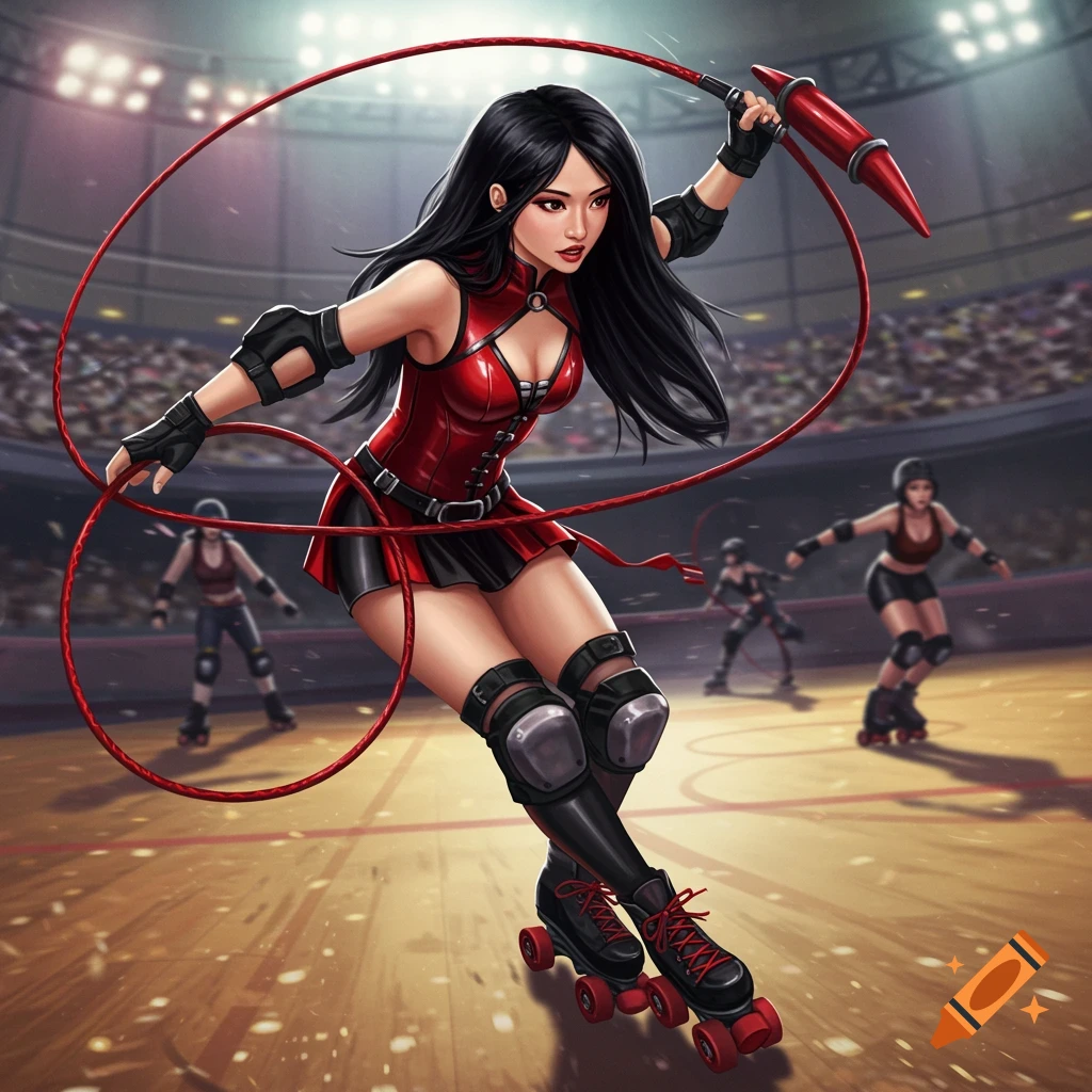 A female roller derby skater in a red and black outfit, holding a bullwhip, on a track with other skaters.