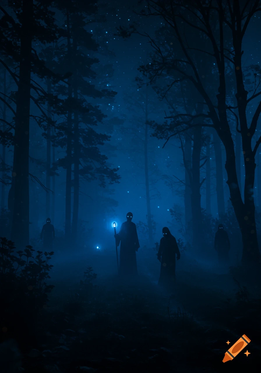 Silhouetted figures with glowing eyes in a dark, foggy, blue forest, one holding a glowing staff, in a mystical art style.