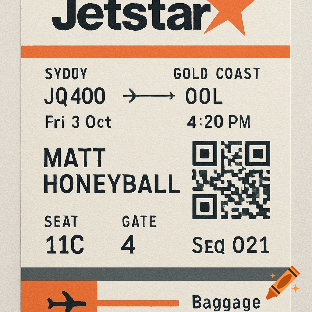A close-up view of a Jetstar airline boarding pass for Matt Honeyball flying from Sydney to Gold Coast.