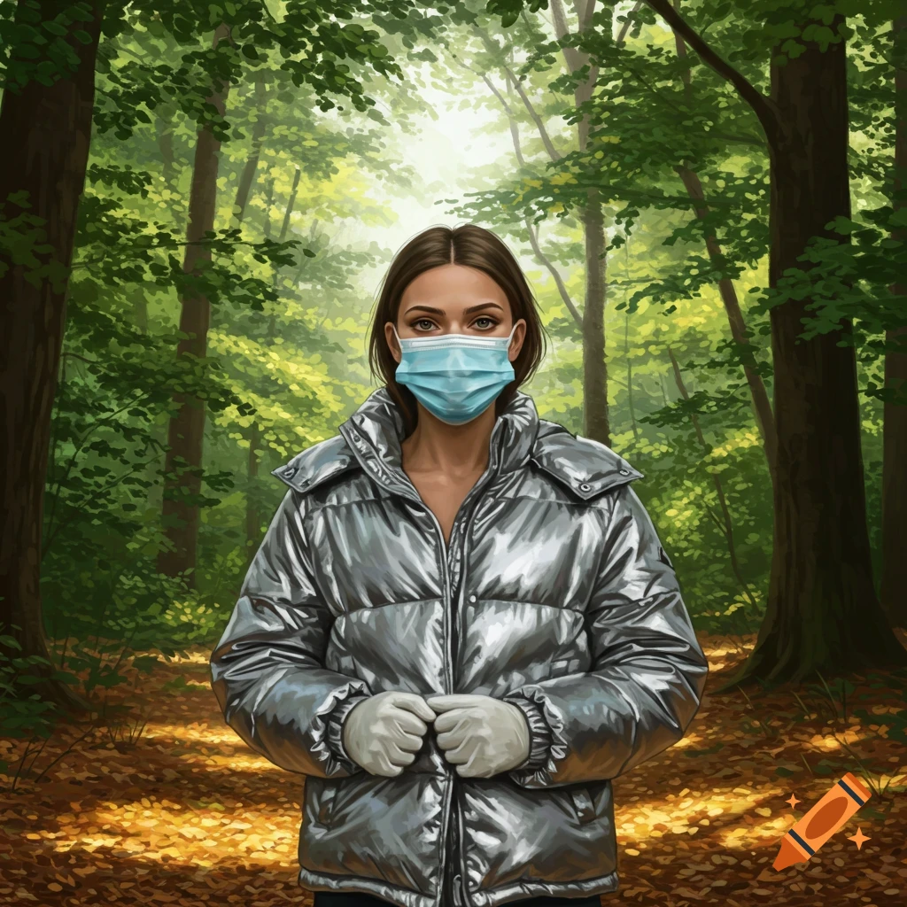 A woman in a silver puffer jacket, blue mask, and white gloves stands in a sunlit forest.