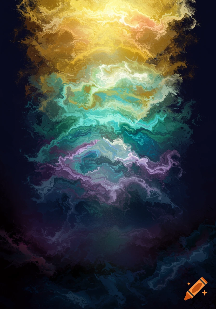 A vibrant abstract painting with a vertical gradient from dark blues and purples to bright greens, yellows, and golds, featuring swirling, turbulent textures.