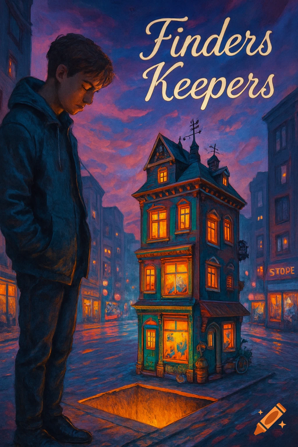 A stylized painting of a young man looking down at a glowing hole in the street, with a tall, vibrant pop-up house and city buildings under a twilight sky. Text reads "Finders Keepers."