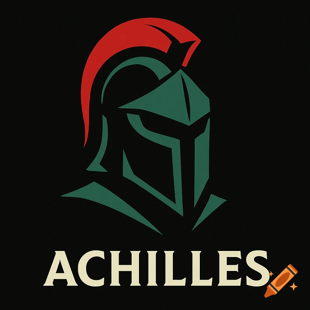 A minimalist logo featuring a green and red Spartan helmet on a black background, with the word ACHILLES in cream-colored text below it.