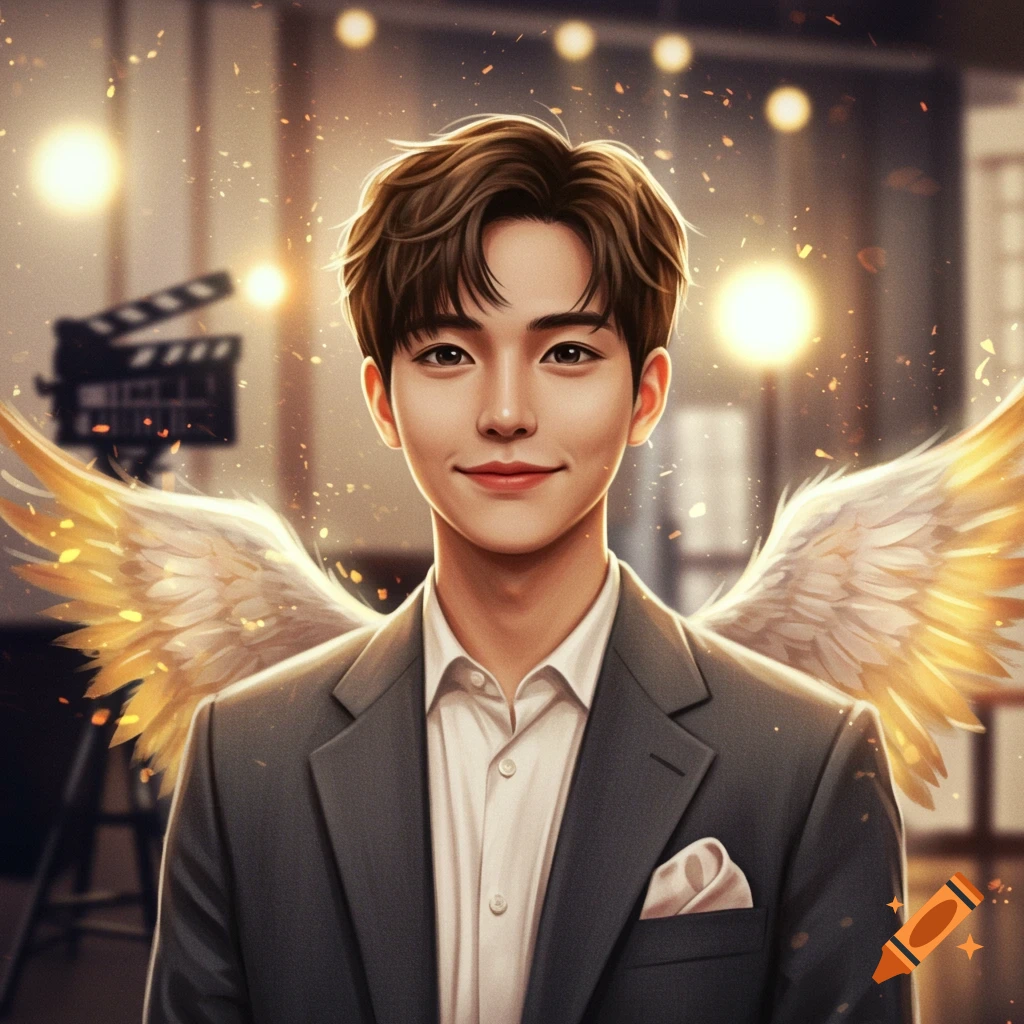 A young man with brown hair, wearing a suit and angel wings, smiles in a stylized digital art portrait against a film set background.