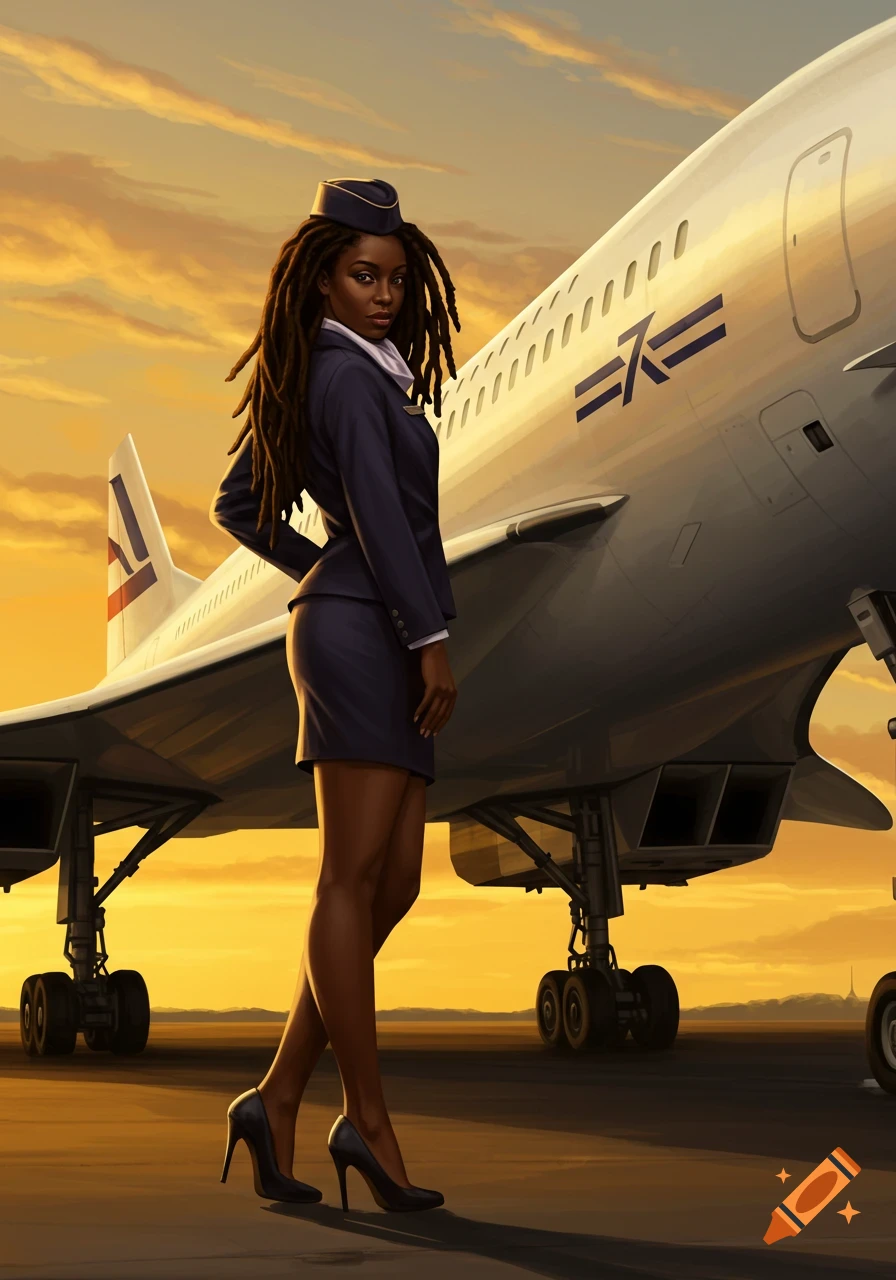 A black stewardess with dreadlocks in a uniform and heels stands in front of a Concorde jet at sunset, in a realistic art style.