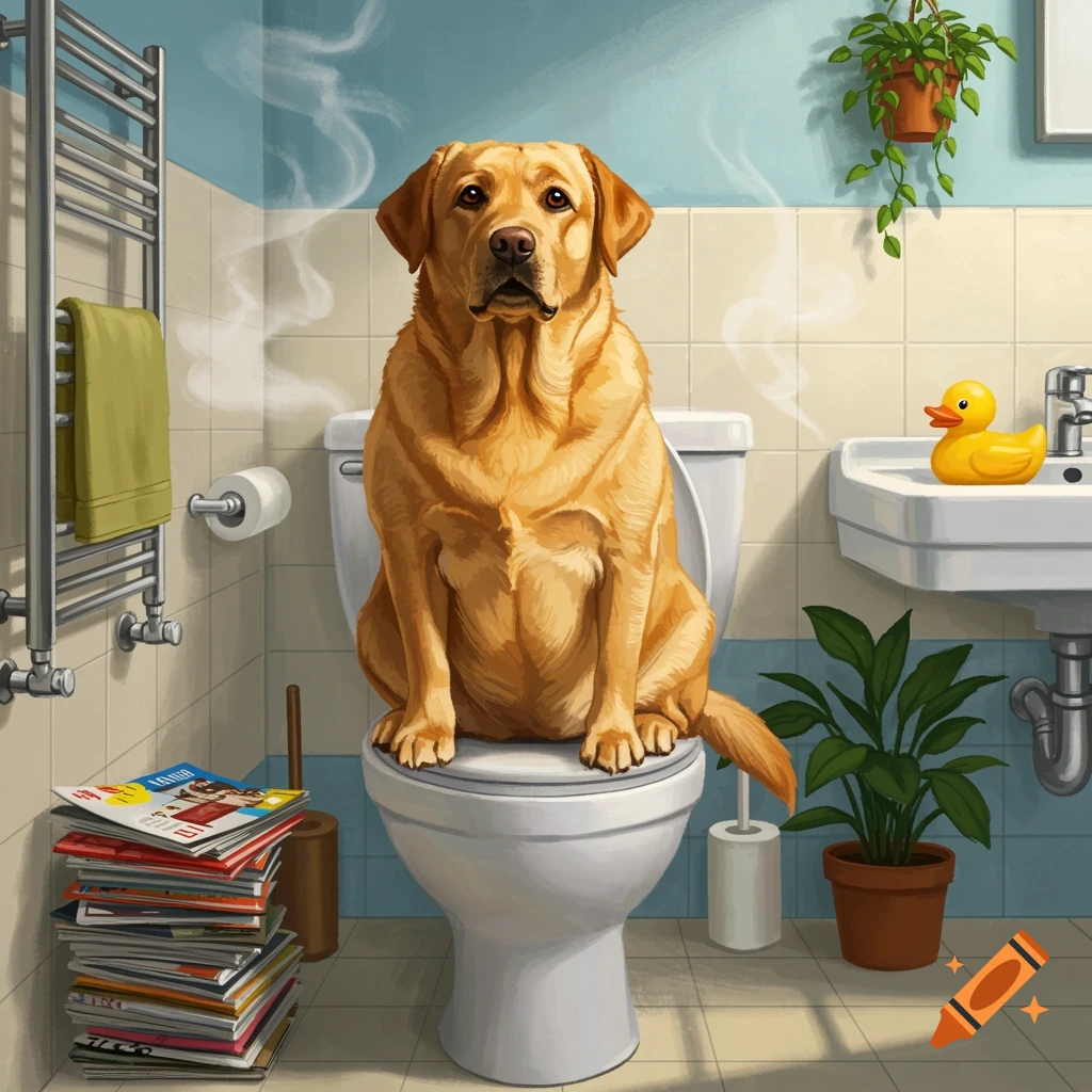 An illustrated ginger Labrador dog sits on a toilet in a light blue and white bathroom.