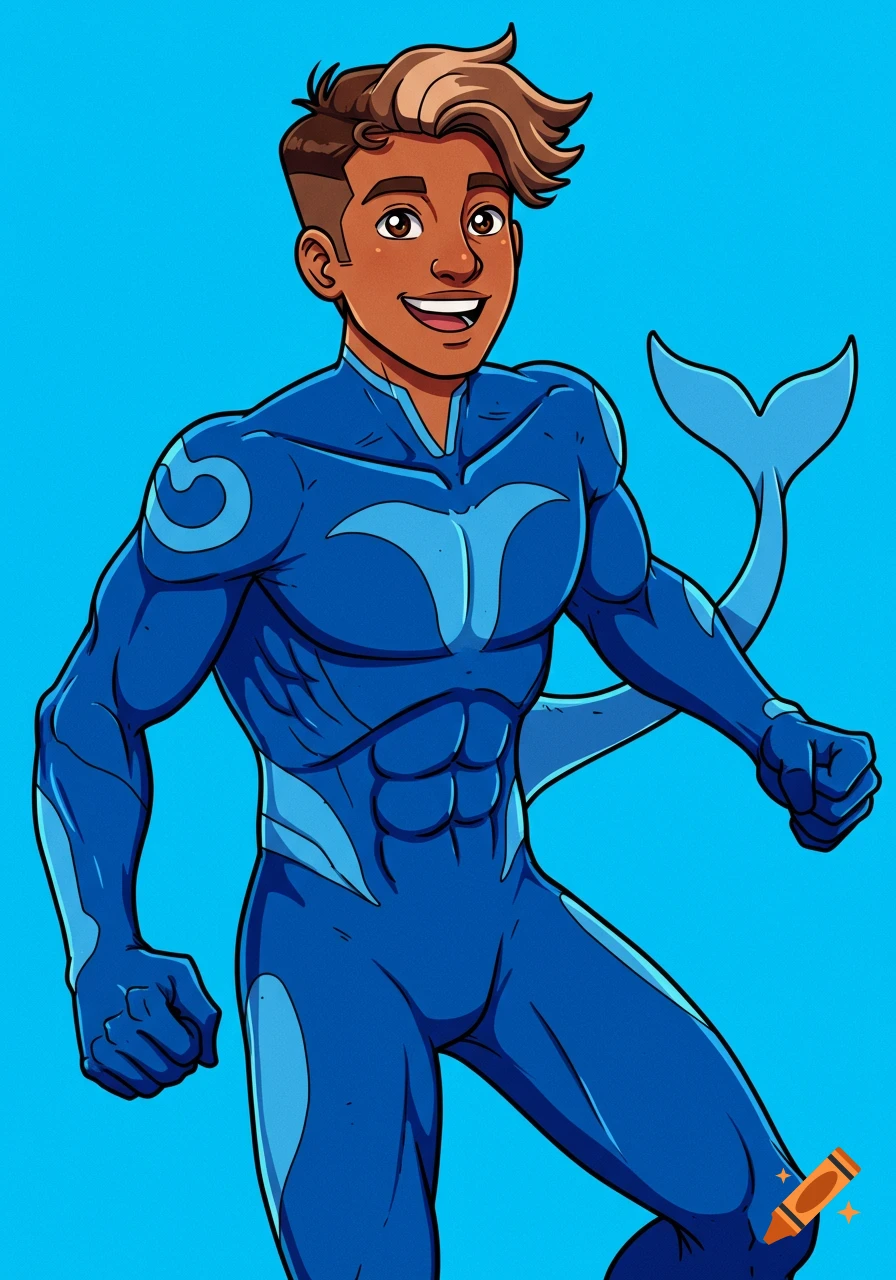 A muscular teenage Latinx superhero in a cobalt blue suit with whale patterns and a tail fin, smiling against a cerulean blue background in a cartoon style.